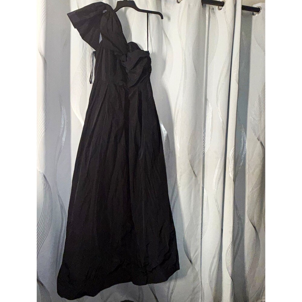 Donna Karan Black Satin One Shoulder Bow Maxi Dress w/ Pockets Sleeveless Size